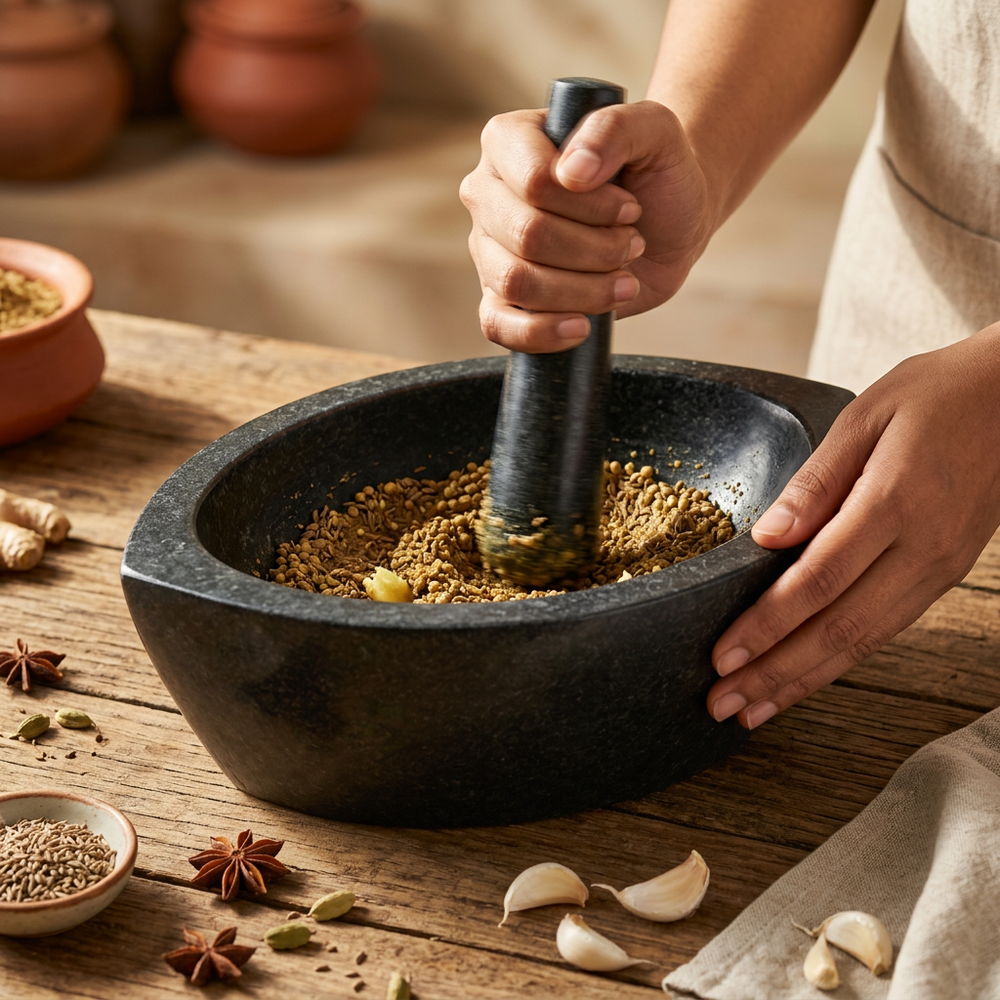 Hand-carved granite mortar and pestle grinding whole spices