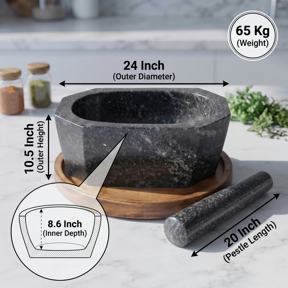 Octagonal Granite Mortar and Pestle | Stone Kharal Khalbatta,6 to 24 Inch