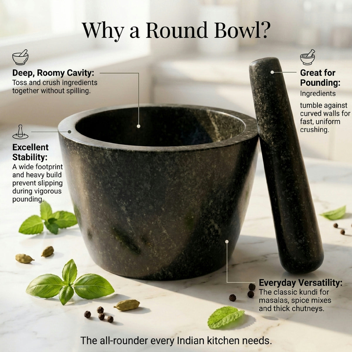 Round Hansraj Stone Mortar and Pestle | Kharal Khalbatta, 5-14 Inch