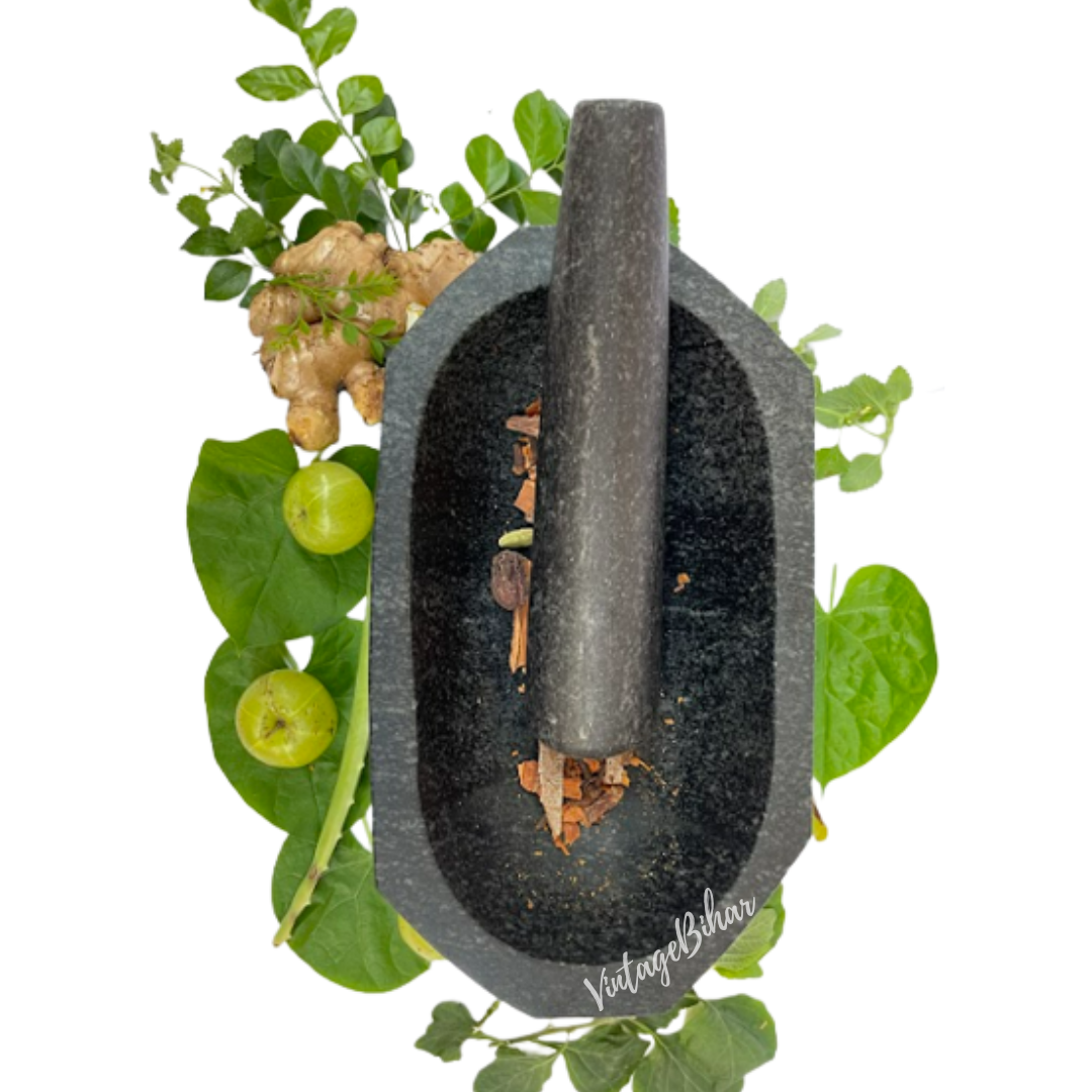 Stone mortar and pestle big size (Octagonal Capsule Shape)