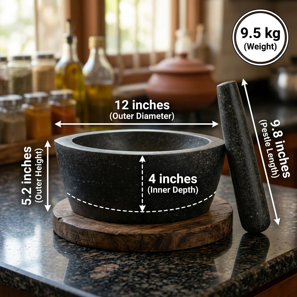 Granite Boat Mortar and Pestle - 12 Inch - hand-carved kharal by VintageBihar