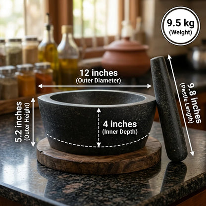 Granite Boat Mortar and Pestle - 12 Inch - hand-carved kharal by VintageBihar