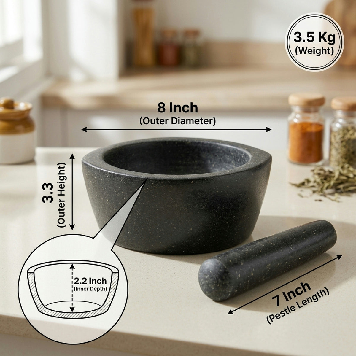Boat Shape Stone Mortar and Pestle | Black Granite Kharal, 6-24 Inch