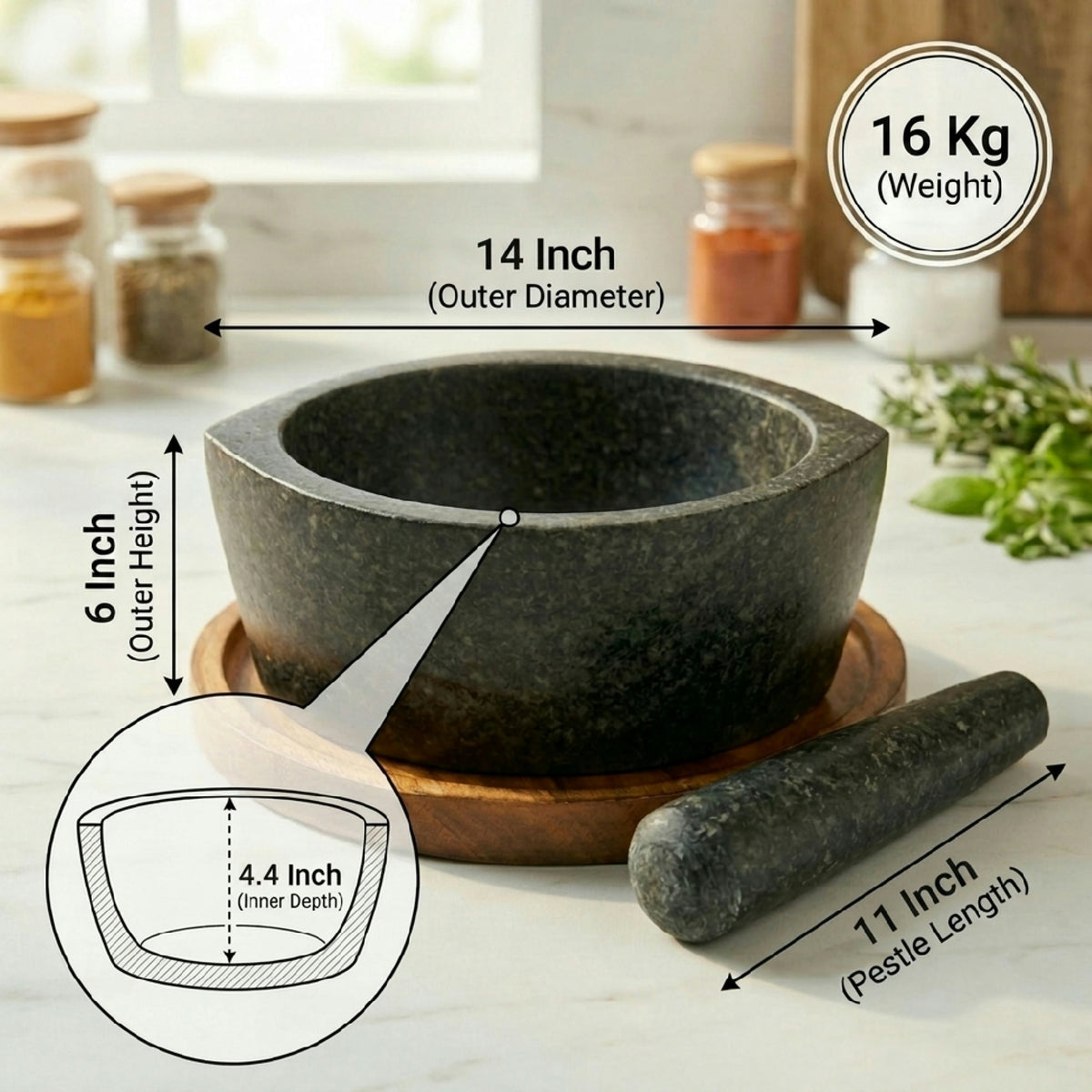 Boat shape Hansraj stone mortar and pestle, 14 inch: length, height, inner depth and weight