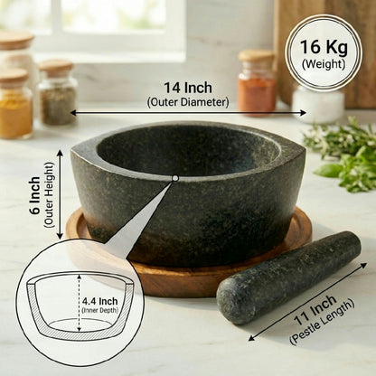 Boat shape Hansraj stone mortar and pestle, 14 inch: length, height, inner depth and weight
