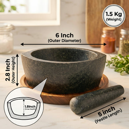 Boat shape Hansraj stone mortar and pestle, 6 inch: length, height, inner depth and weight