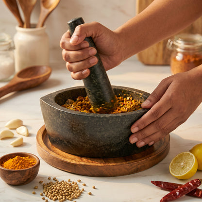 Hand grinding herbs and spices in a black granite khalbatta using the matching stone pestle