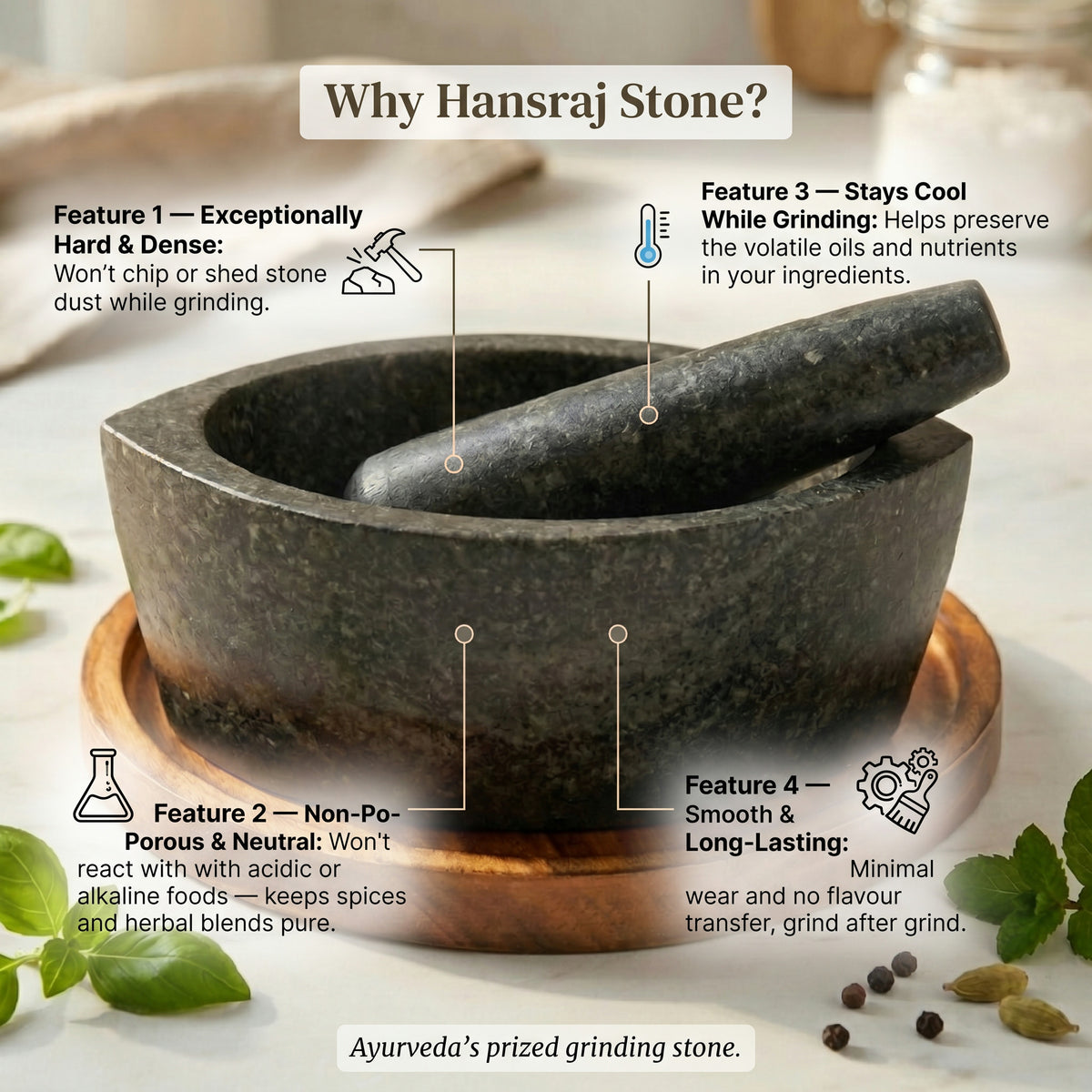 Chart explaining why Hansraj stone kharal suits grinding spices and Ayurvedic herbs without chipping