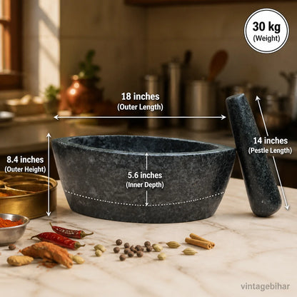 Granite Boat Mortar and Pestle - 18 Inch - hand-carved kharal by VintageBihar