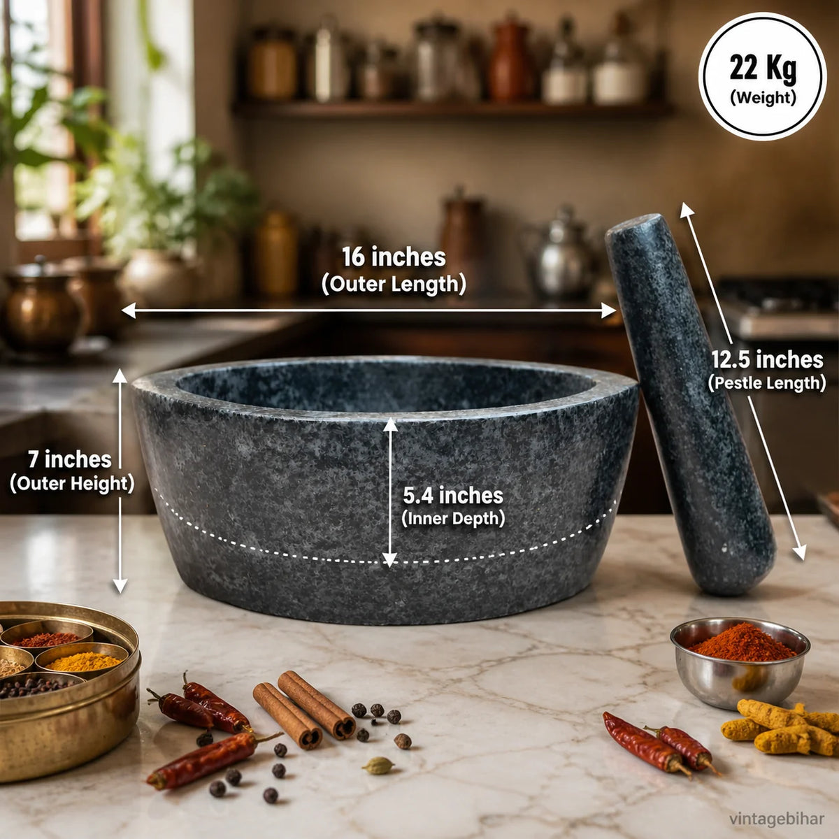 Granite Boat Mortar and Pestle - 16 Inch - hand-carved kharal by VintageBihar