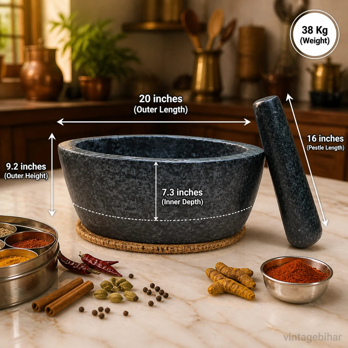 Granite Boat Mortar and Pestle - 20 Inch - hand-carved kharal by VintageBihar