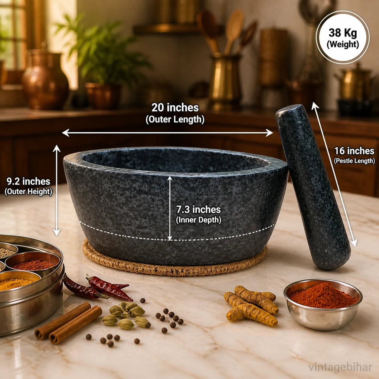 Granite Boat Mortar and Pestle - 20 Inch - hand-carved kharal by VintageBihar