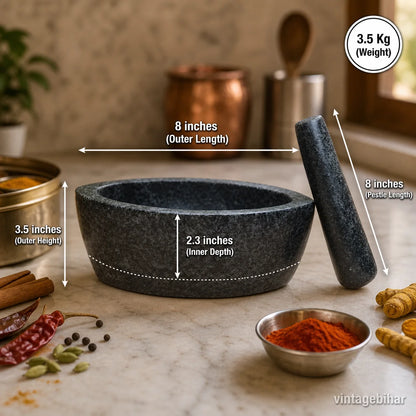 Granite Boat Mortar and Pestle - 8 Inch - hand-carved kharal by VintageBihar