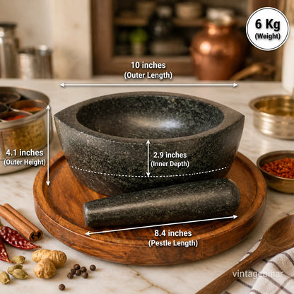 Granite Boat Mortar and Pestle - 10 Inch - hand-carved kharal by VintageBihar
