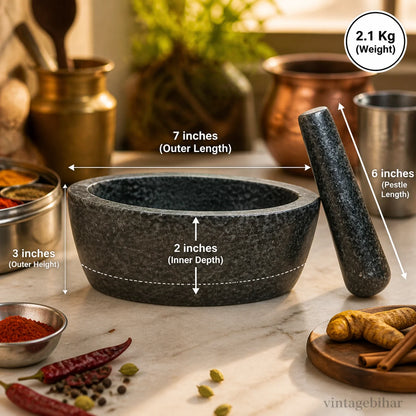 Granite Boat Mortar and Pestle - 7 Inch - hand-carved kharal by VintageBihar