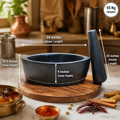 Granite Boat Mortar and Pestle - 24 Inch - hand-carved kharal by VintageBihar