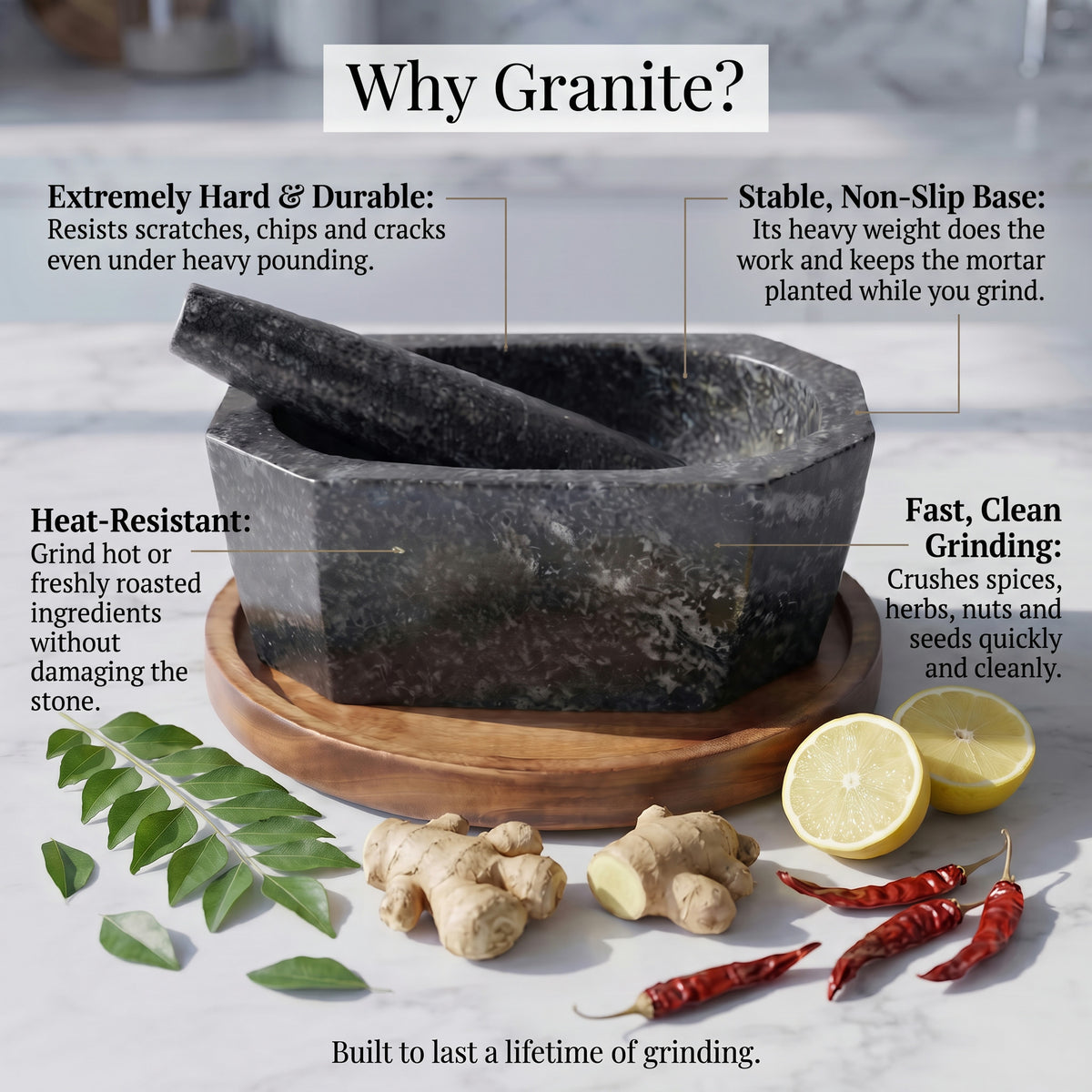 Octagonal granite mortar and pestle in black stone with notes on why granite suits kitchen and Ayurveda use