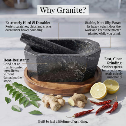 Octagonal granite mortar and pestle in black stone with notes on why granite suits kitchen and Ayurveda use