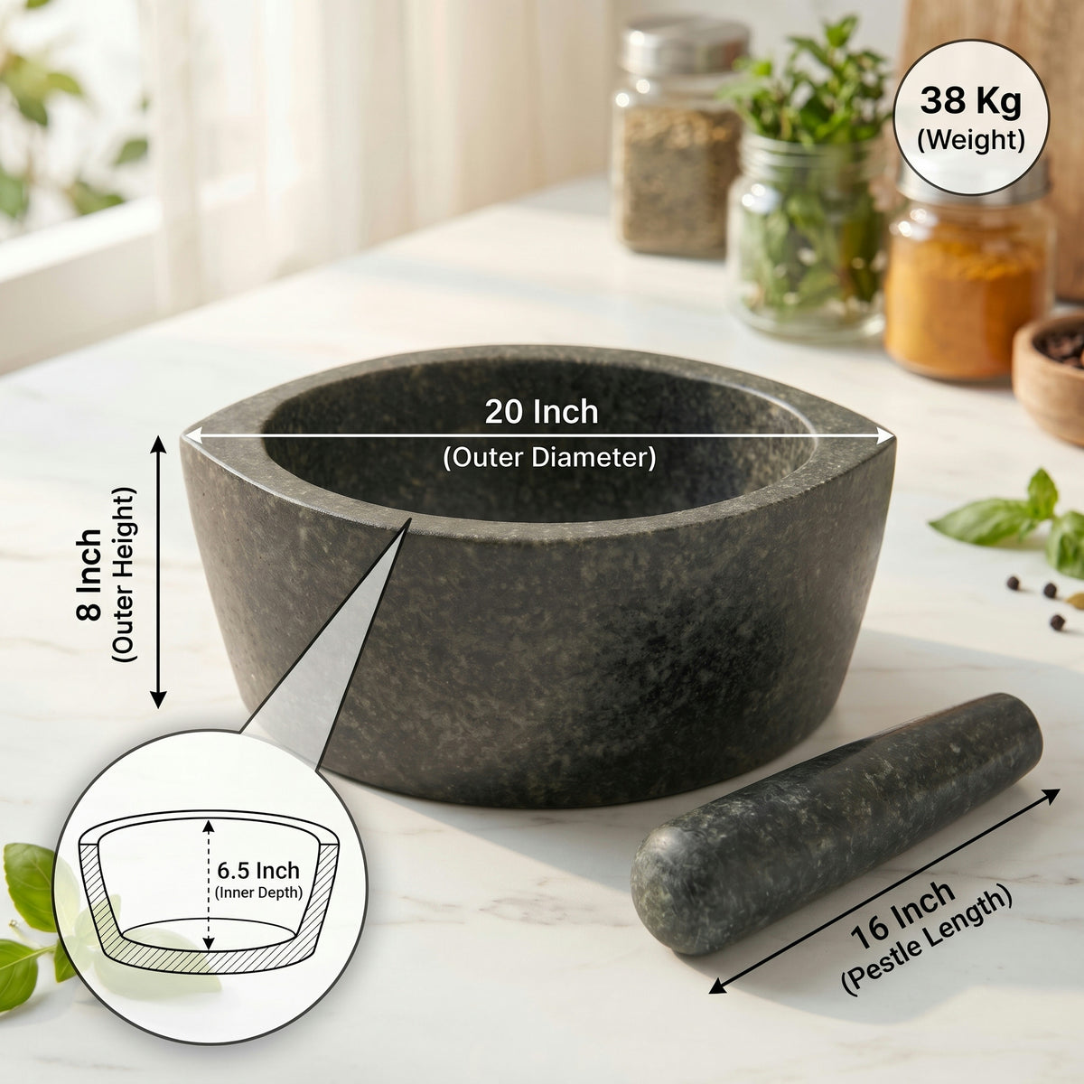 Boat shape Hansraj stone mortar and pestle, 20 inch: length, height, inner depth and weight