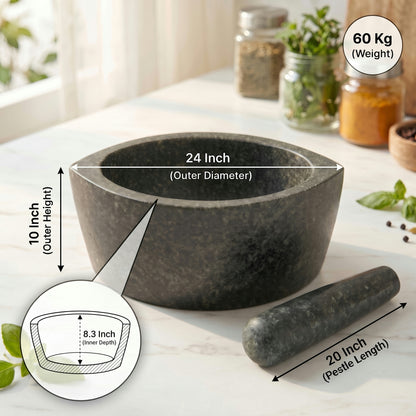 Boat shape Hansraj stone mortar and pestle, 24 inch: length, height, inner depth and weight
