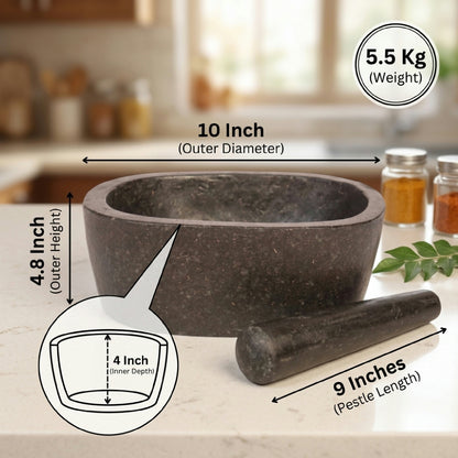 Oval Shape Granite Mortar and Pestle | Stone Kharal Khalbatta, 6 to 24 Inch