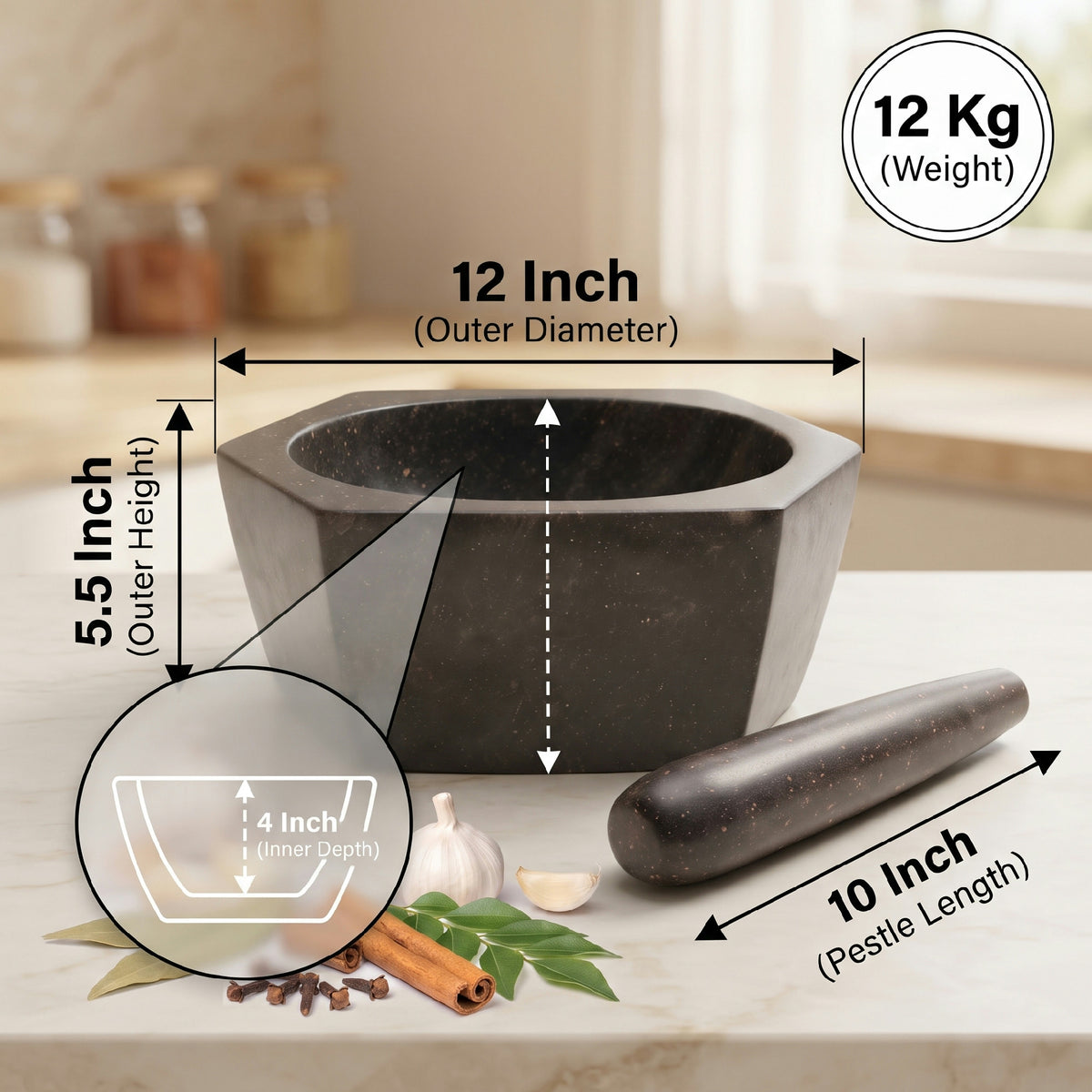 Hexagonal Granite Mortar and Pestle | Stone Kharal, 6 to 24 Inch
