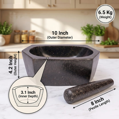 Hexagonal Granite Mortar and Pestle | Stone Kharal, 6 to 24 Inch