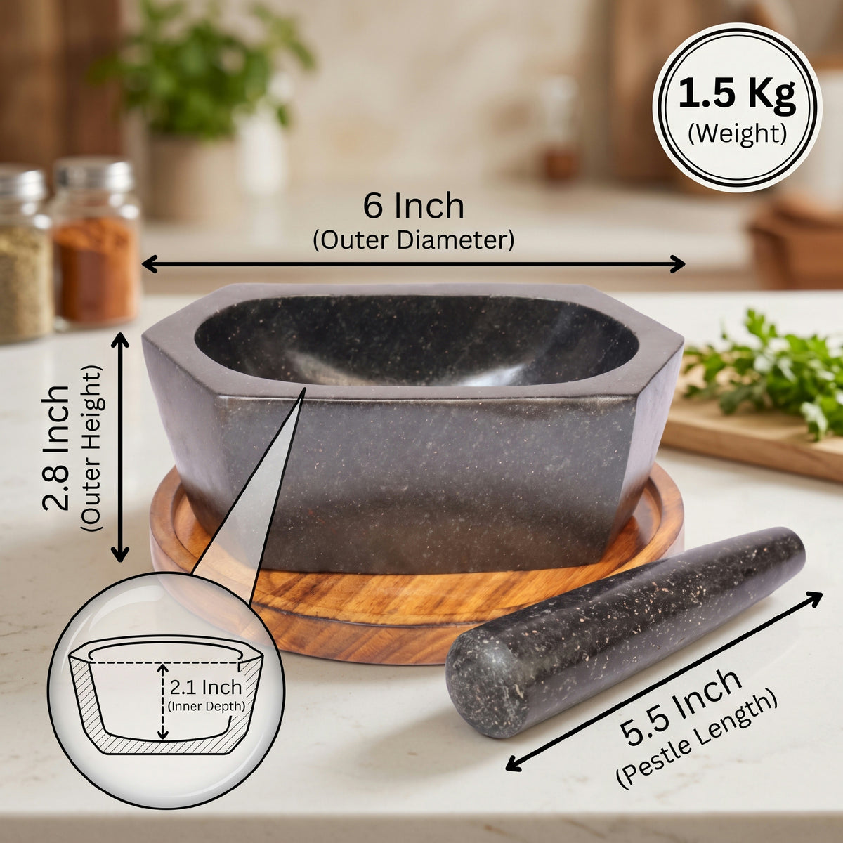 Hexagonal Granite Mortar and Pestle | Stone Kharal, 6 to 24 Inch