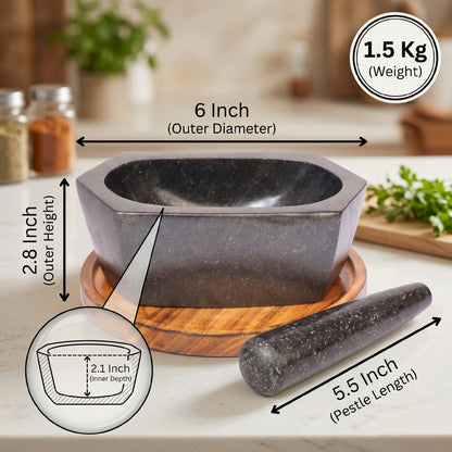 Hexagonal Granite Mortar and Pestle | Stone Kharal, 6 to 24 Inch