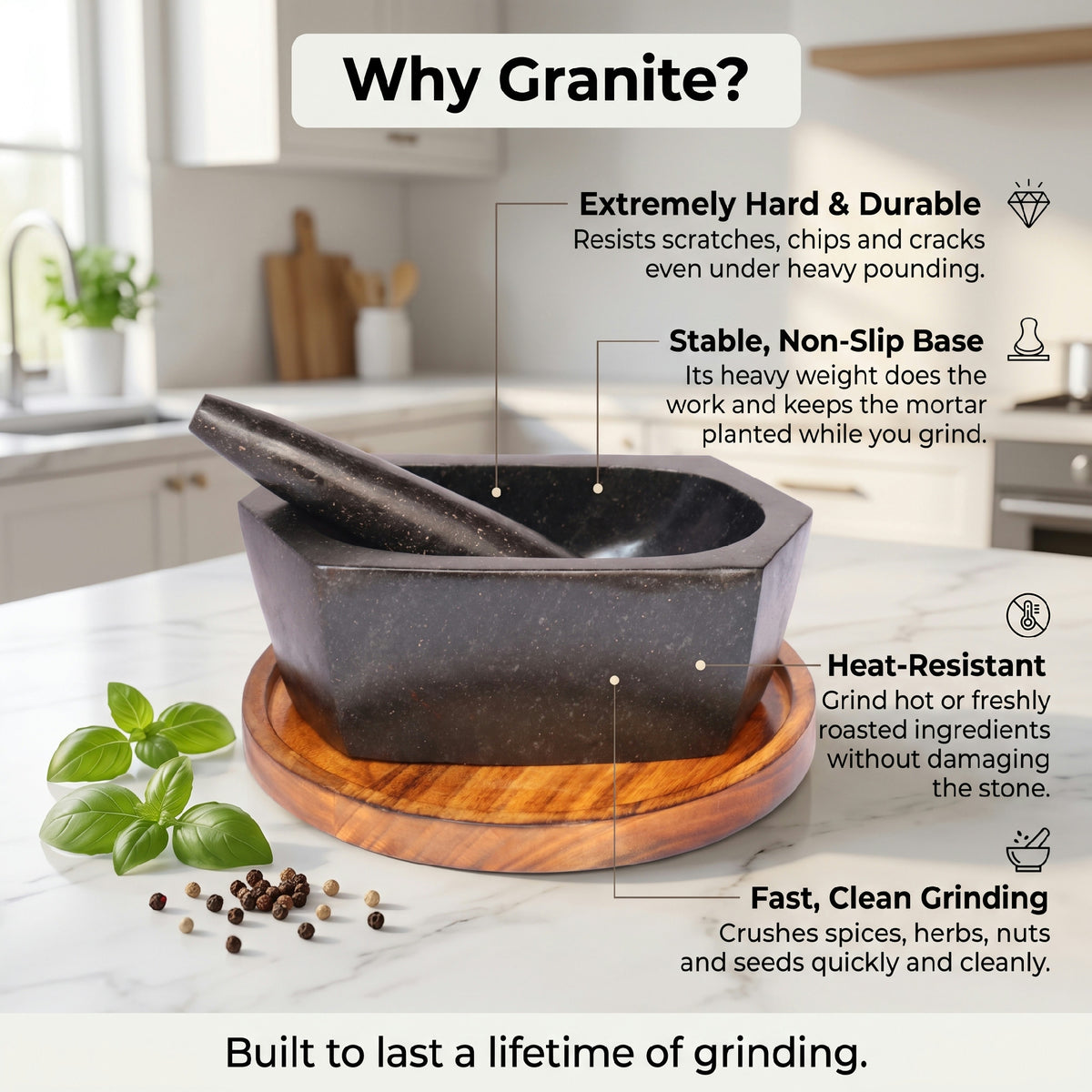 Close view of black granite grain in a stone mortar used as a hamam dasta for daily grinding