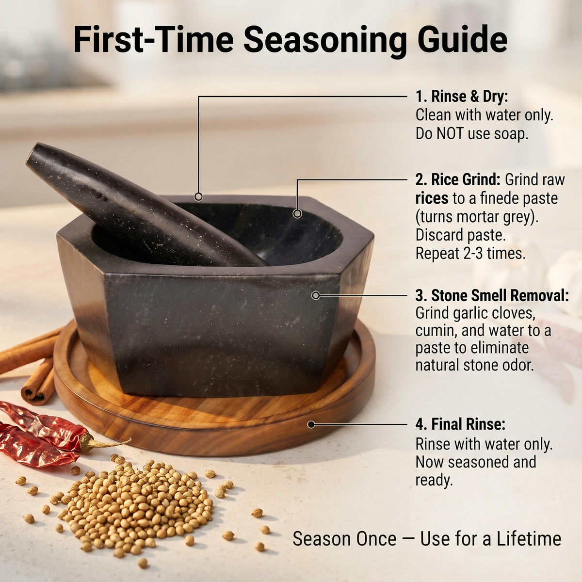 Seasoning steps for a new stone okhli using raw rice paste, garlic and cumin before first use