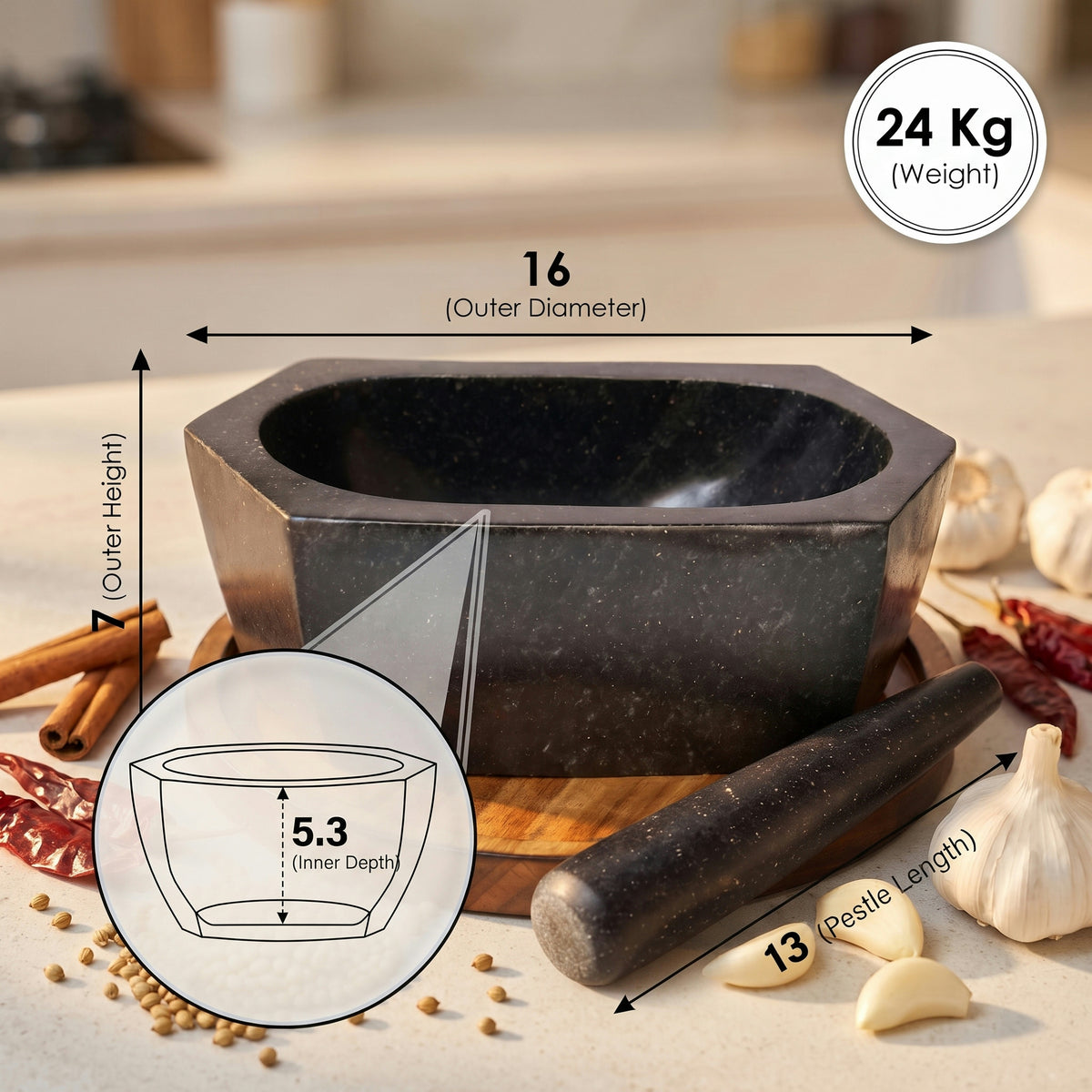 Hexagonal Granite Mortar and Pestle | Stone Kharal, 6 to 24 Inch
