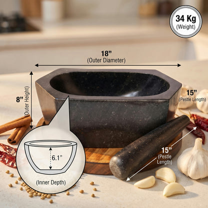 Hexagonal Granite Mortar and Pestle | Stone Kharal, 6 to 24 Inch