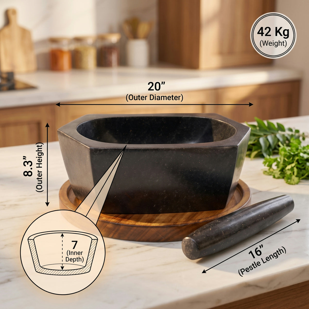 Hexagonal Granite Mortar and Pestle | Stone Kharal, 6 to 24 Inch