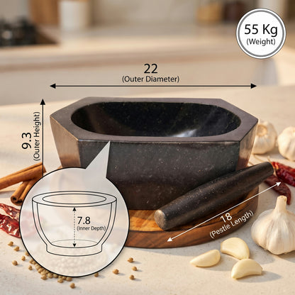 Hexagonal Granite Mortar and Pestle | Stone Kharal, 6 to 24 Inch