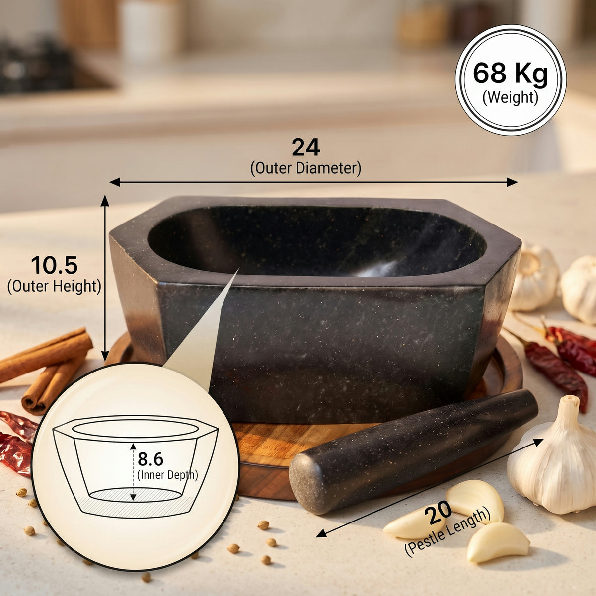 Hexagonal Granite Mortar and Pestle | Stone Kharal, 6 to 24 Inch