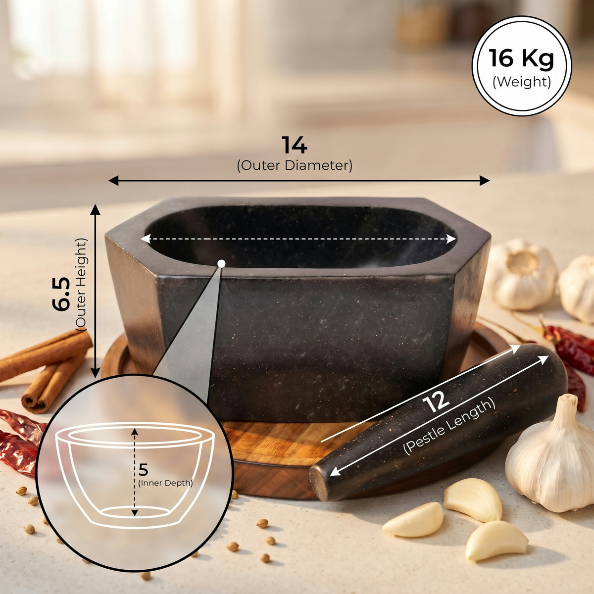Hexagonal Granite Mortar and Pestle | Stone Kharal, 6 to 24 Inch