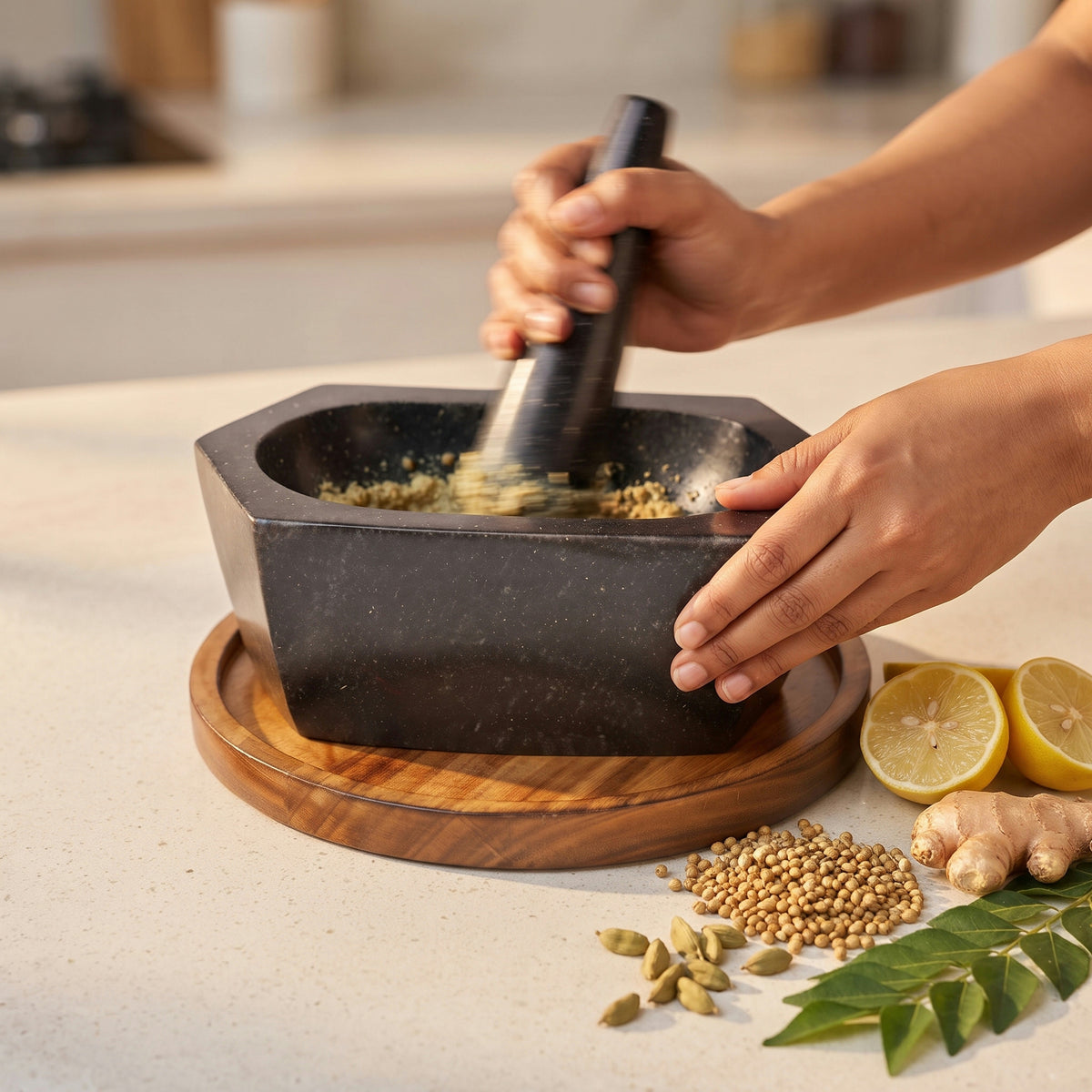 Hands grinding whole spices in a black stone khalbatta with a granite pestle