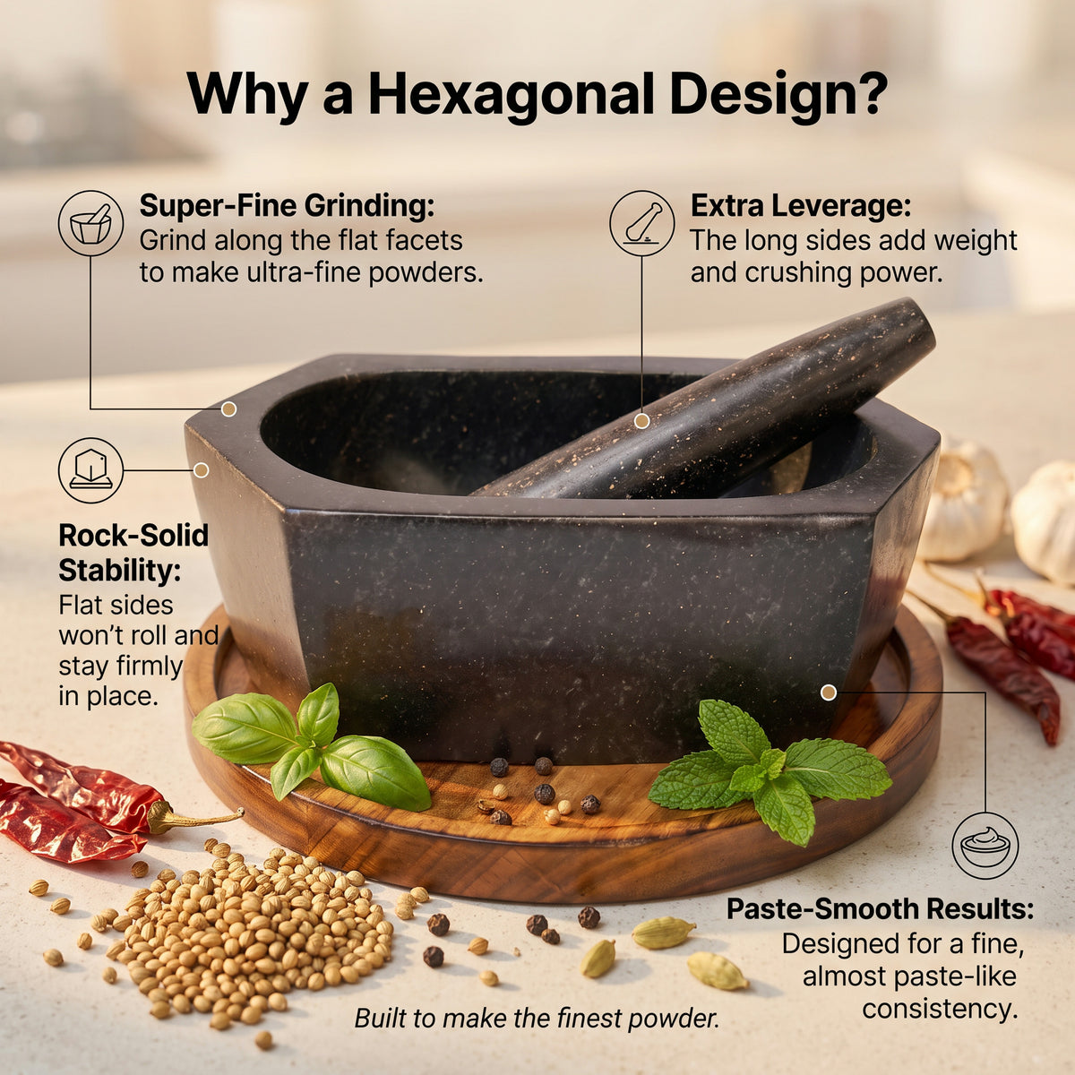 Six edged hexagonal kharal base shown for steady grip and stability while pounding masala