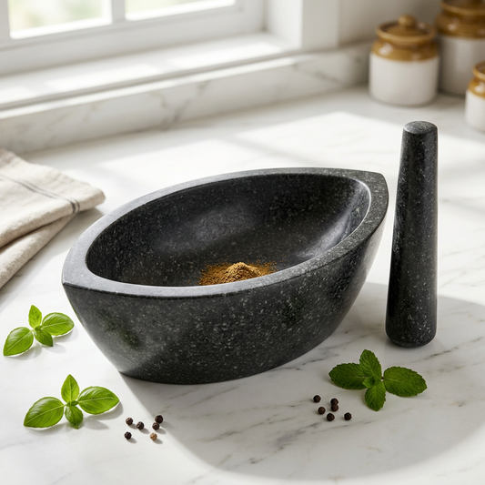 Hand-carved Granite Boat Mortar and Pestle - Stone Kharal by Bihar artisans - VintageBihar (6)