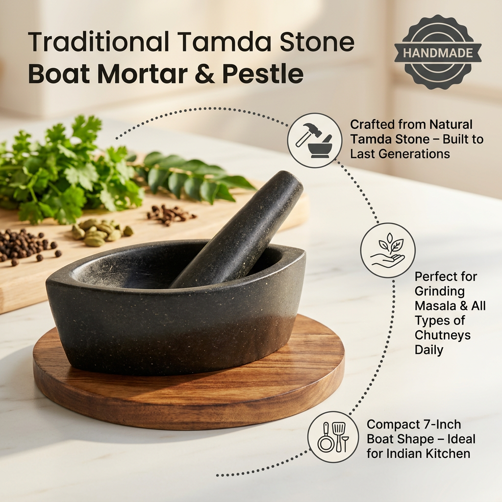 Hand-carved Granite Boat Mortar and Pestle - Stone Kharal by Bihar artisans - VintageBihar (3)