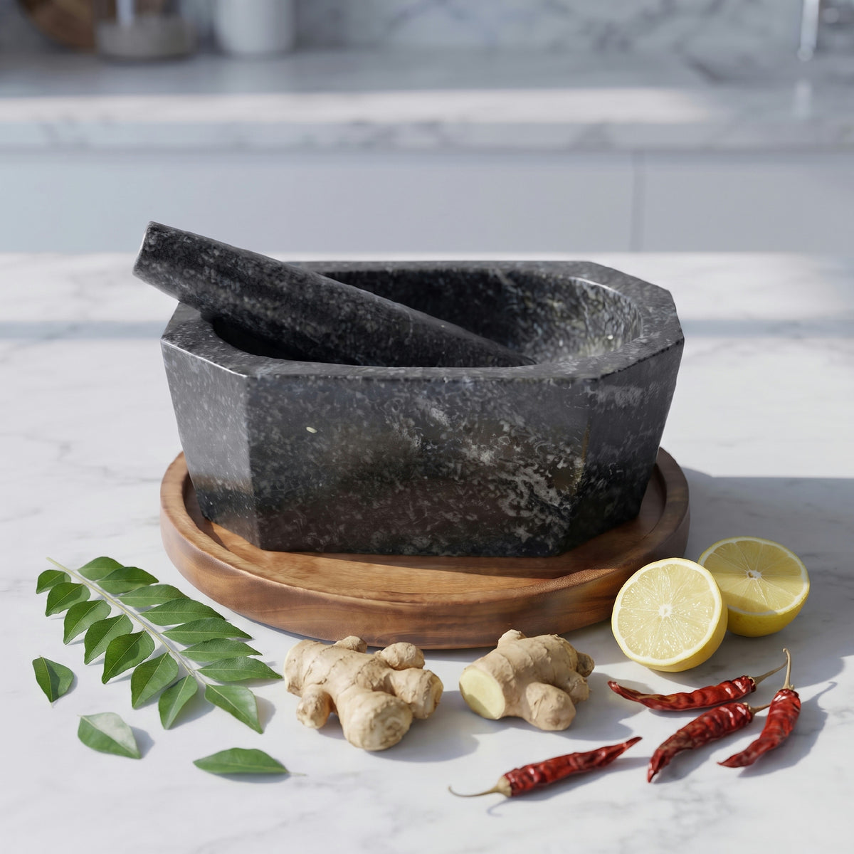 Octagonal stone mortar and pestle in black Hansraj stone on a table with fresh herbs placed around it