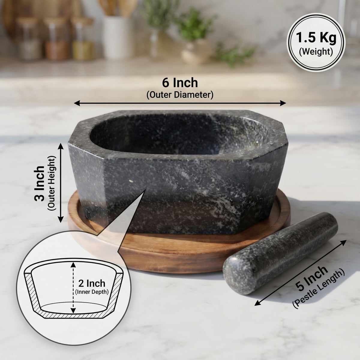 Octagonal Granite Mortar and Pestle | Stone Kharal Khalbatta,6 to 24 Inch