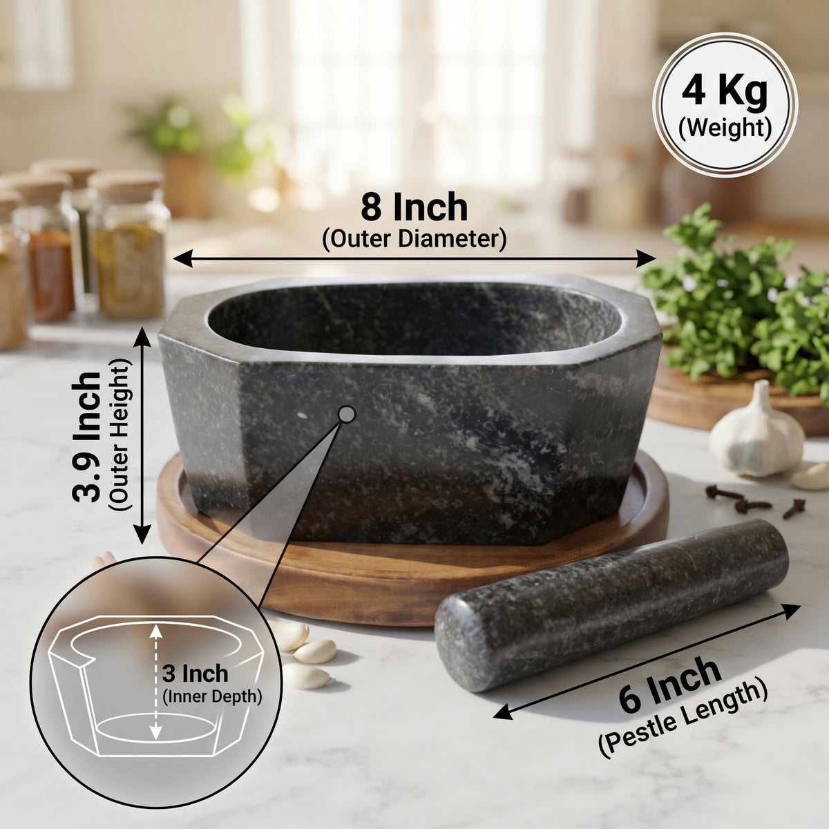 Octagonal Granite Mortar and Pestle | Stone Kharal Khalbatta,6 to 24 Inch