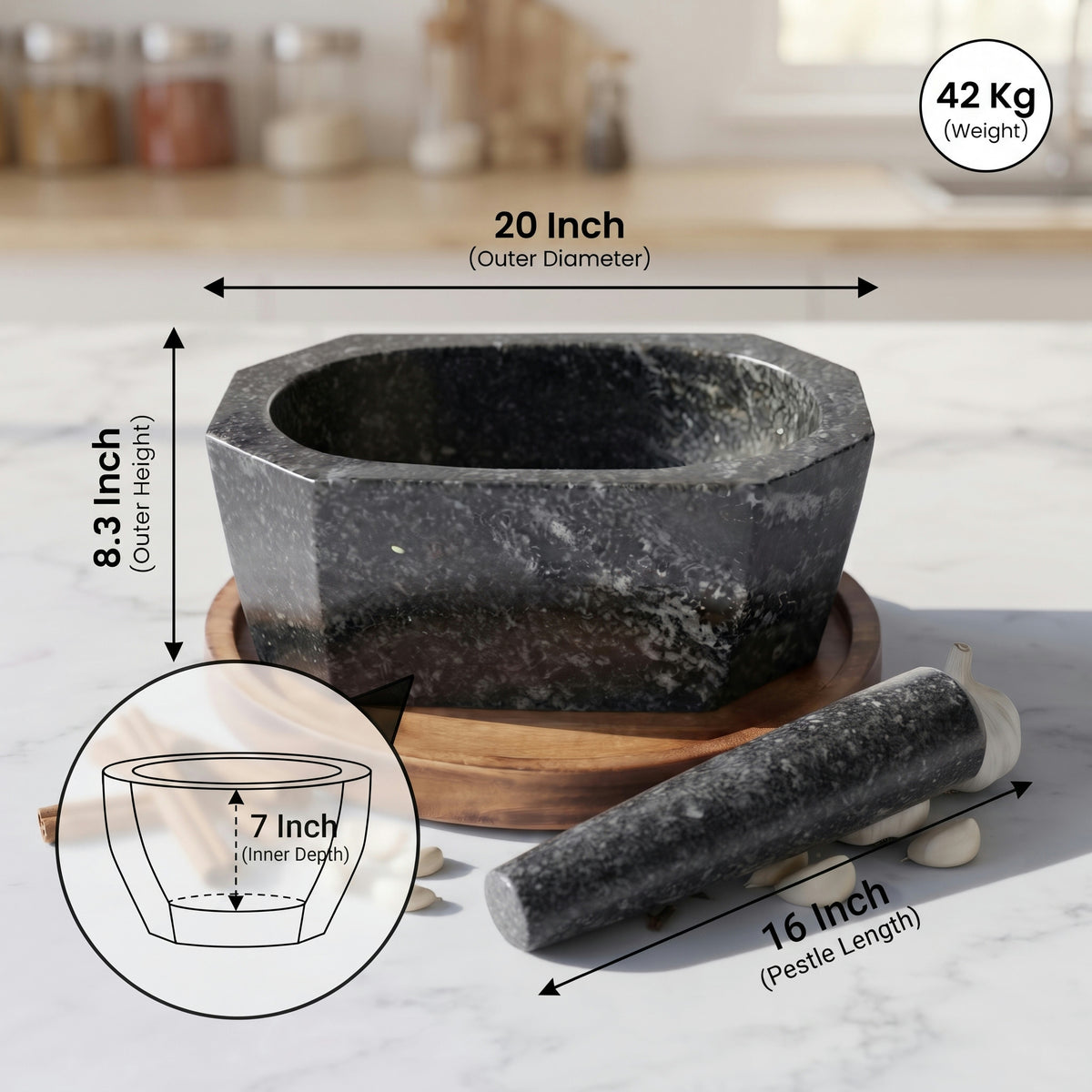 Octagonal Granite Mortar and Pestle | Stone Kharal Khalbatta,6 to 24 Inch