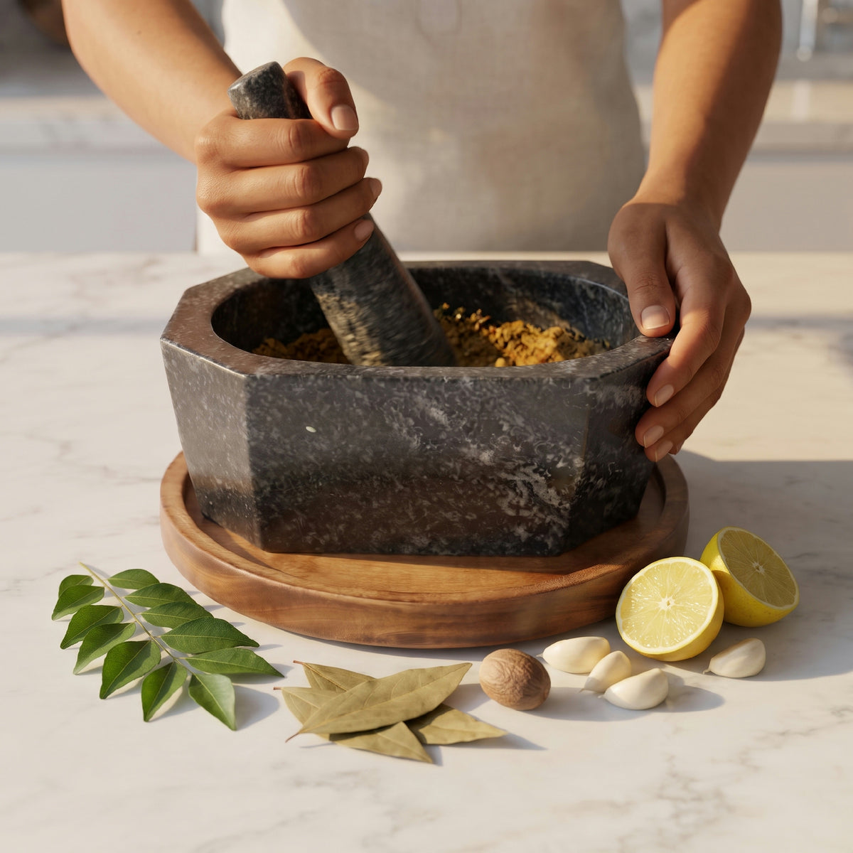 Hands grinding masala in a Hansraj stone kharal, showing traditional hand grinding instead of a mixer