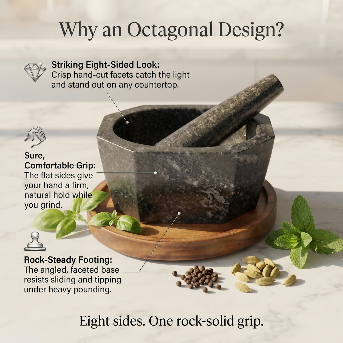 Diagram explaining why the octagonal kutne wala shape gives a stable base while grinding masala