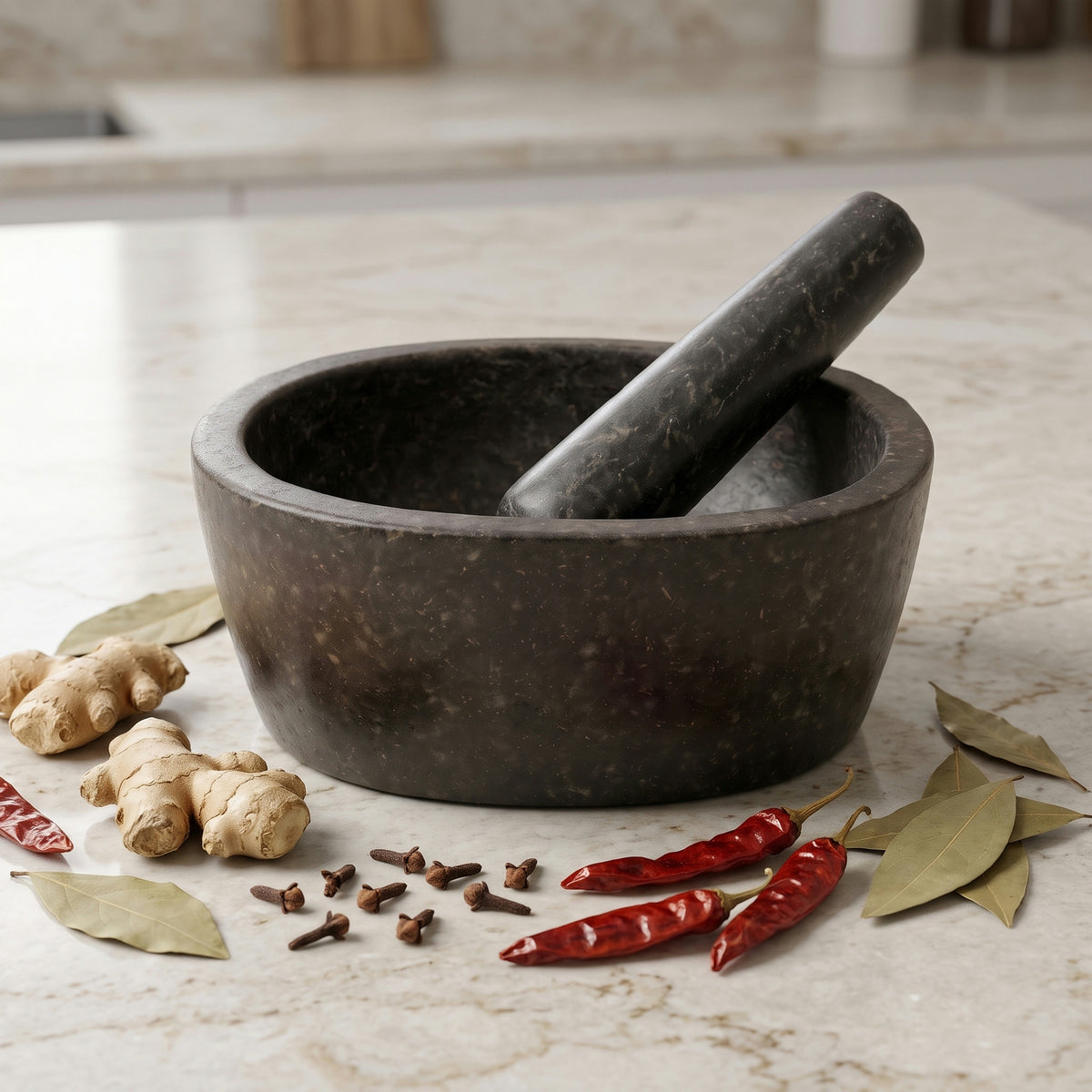 Oval granite mortar and pestle on a kitchen table with whole spices and fresh herbs beside it