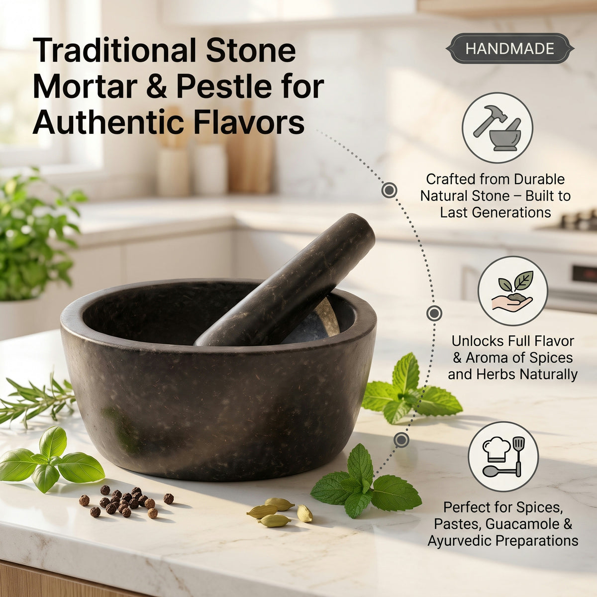 Traditional kharal or kutne wala carved from natural stone, shown with its long pestle