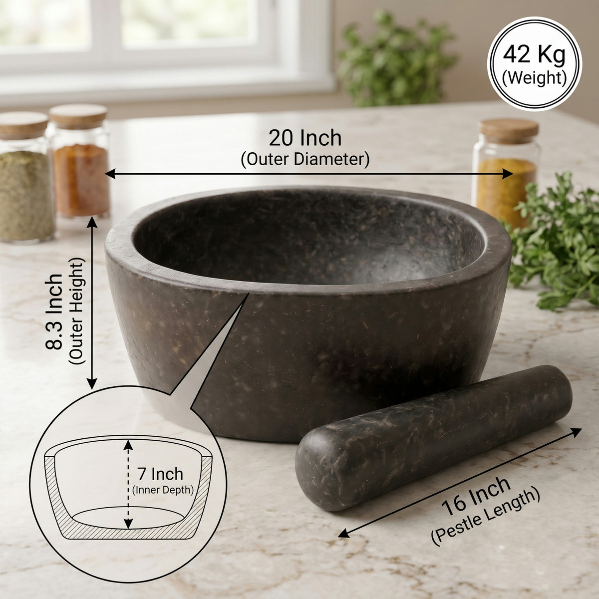 Oval Shape Granite Mortar and Pestle | Stone Kharal Khalbatta, 6 to 24 Inch